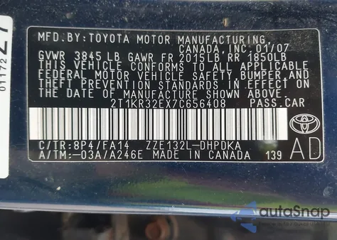 2007 Toyota Matrix z USA, uszkodzony, nr VIN 2T1KR32EX7C656408